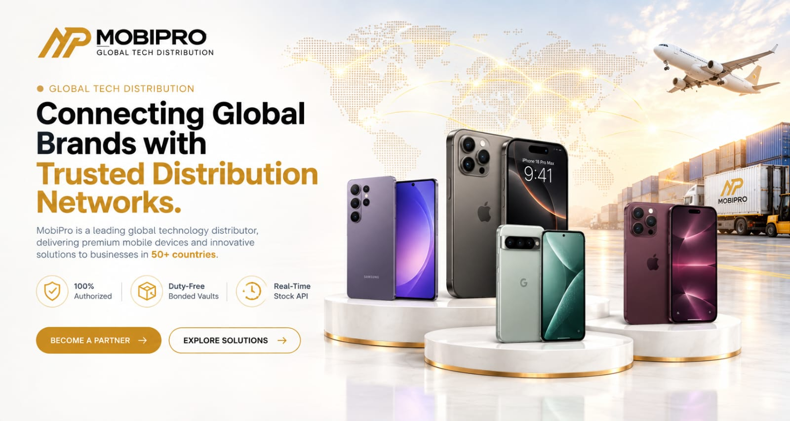 MobiPro global technology distribution featuring Apple, Samsung and Google devices